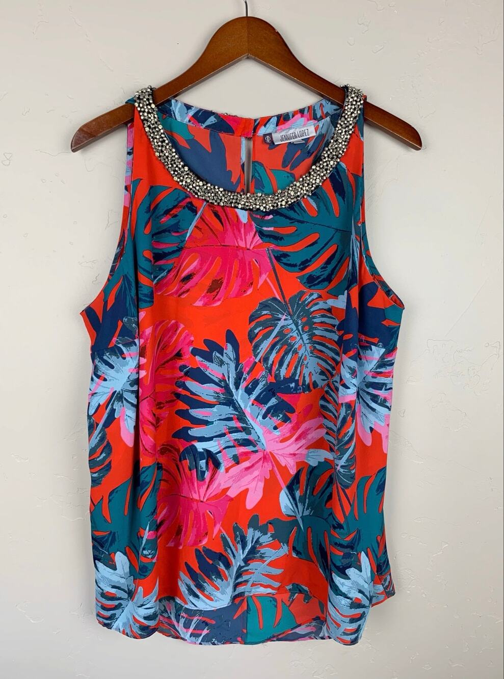 Jennifer Lopez Sleeveless Blouse Top Colorful Tropical Beaded Jeweled Women's 1X